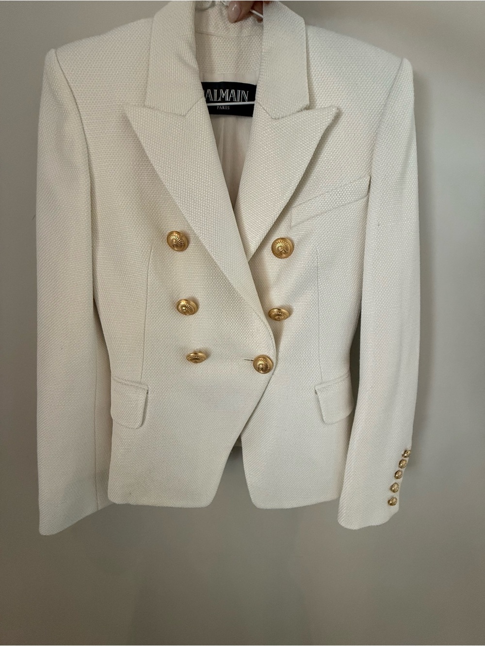 Balmain White Double-Breasted Blazer with Gold Buttons -36